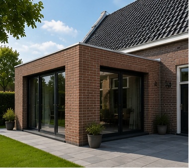 Metselaar werkt aan metselwerk voor een aanbouw